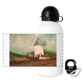 White Mill, Horse, Countryside, Painting Painting - Panoramic Thermal Bottle with Lid 500 ml - white - Front