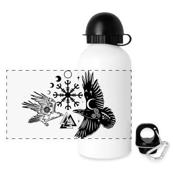 Hugin and Munin with Vegvisir Valknut - Panoramic Thermal Bottle with Lid 500 ml - white - Front