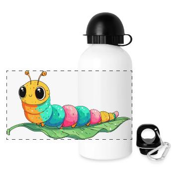 Bunte Cartoon-Raupe auf Blatt - Panorama Trinkflasche mit Deckel 500 ml - Weiß - Vorne
