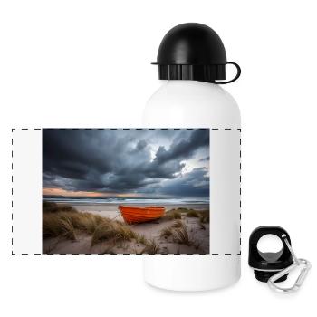 Orange Boat on Stormy Seaside - Panoramic Thermal Bottle with Lid 500 ml - white - Front
