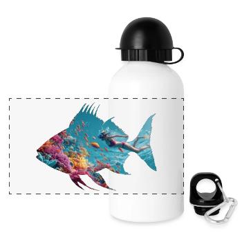 Unterwasser Fischsilhouette mit Taucher - Panorama Trinkflasche mit Deckel 500 ml - Weiß - Vorne