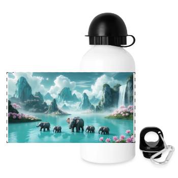 Elefanten in einer Traumwelt - Panorama Trinkflasche mit Deckel 500 ml - Weiß - Vorne
