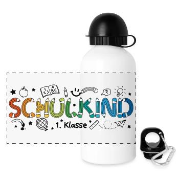 Schulkind 2026 Doodle Einschulung Schulanfang - Panorama Trinkflasche mit Deckel 500 ml - Weiß - Vorne
