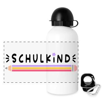 Einschulung, Schulkind, Stift, schwarze Schrift - Panorama Trinkflasche mit Deckel 500 ml - Weiß - Vorne