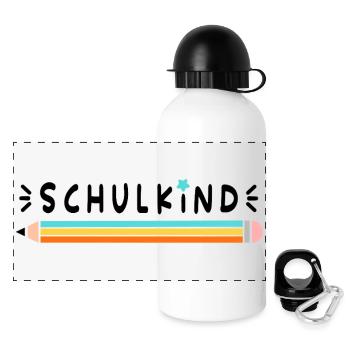 Einschulung, Schulkind, Stift, schwarze Schrift - Panorama Trinkflasche mit Deckel 500 ml - Weiß - Vorne