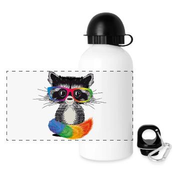 Waschbär mit Brille in Regenbogen Farben - Panorama Trinkflasche mit Deckel 500 ml - Weiß - Vorne