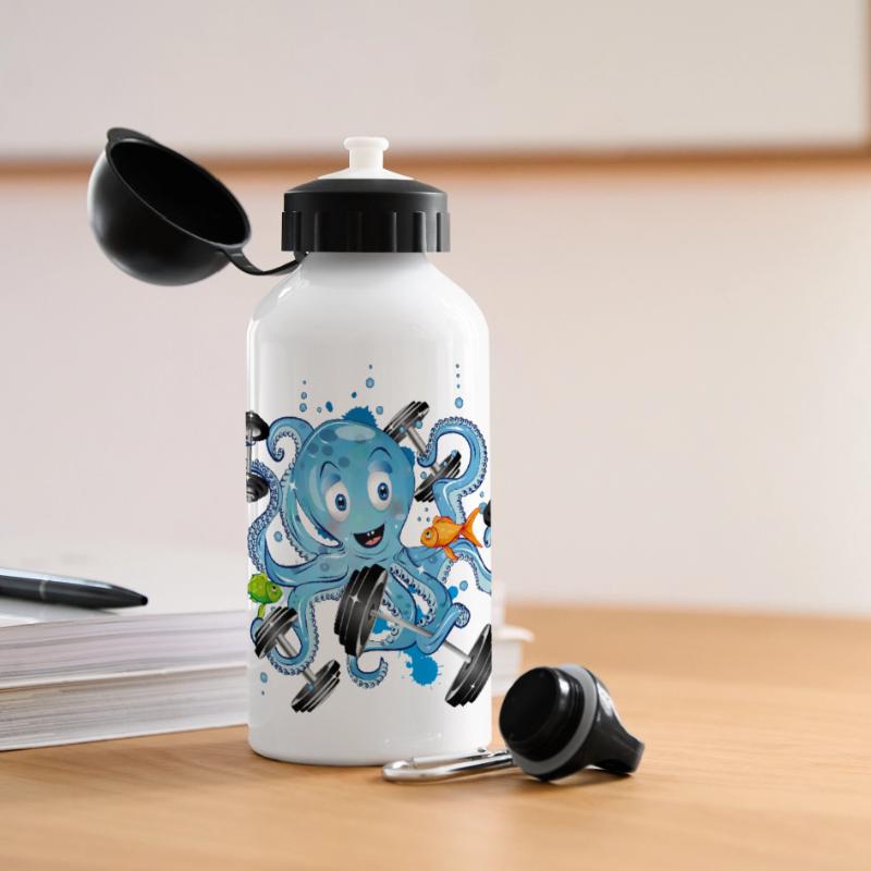 Bodybuilder octopus with dumbbells while exercising Panoramic Thermal Bottle with Lid 500 ml