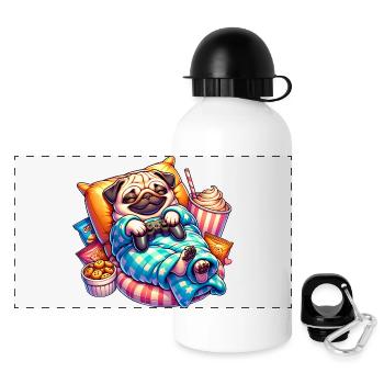 Relaxed Gaming Pug with Snacks - Panoramic Thermal Bottle with Lid 500 ml - white - Front