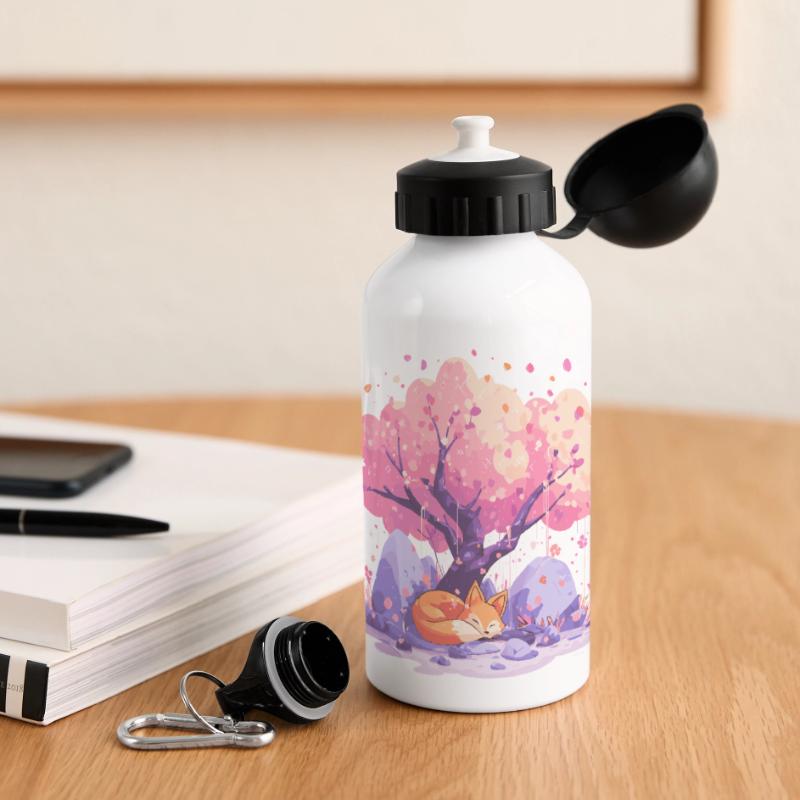 Sleeping fox under cherry tree Panoramic Thermal Bottle with Lid 500 ml
