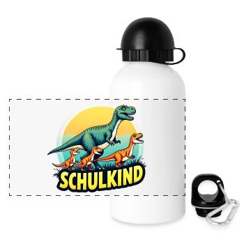 SCHULKIND Dinosaurier T Rex Shirt Dino Einschulung - Panorama Trinkflasche mit Deckel 500 ml - Weiß - Vorne