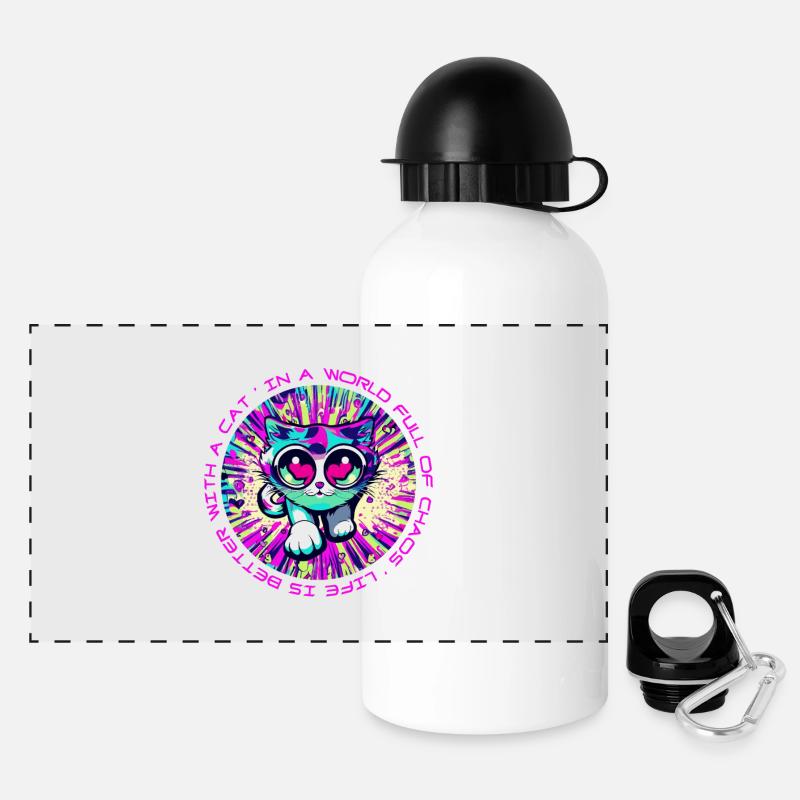 Chaos? Katze macht alles besser! - Panorama Trinkflasche mit Deckel 500 ml - Weiß