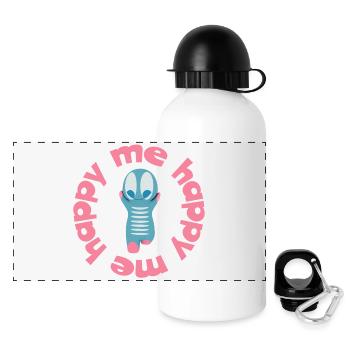 Verspielte Figur  mit Textmotto happy me - Panorama Trinkflasche mit Deckel 500 ml - Weiß - Vorne