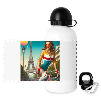 Schönes junges Mädchen fährt Fahrrad vor dem Eiffelturm - Panorama Trinkflasche mit Deckel 500 ml - Weiß - Vorne
