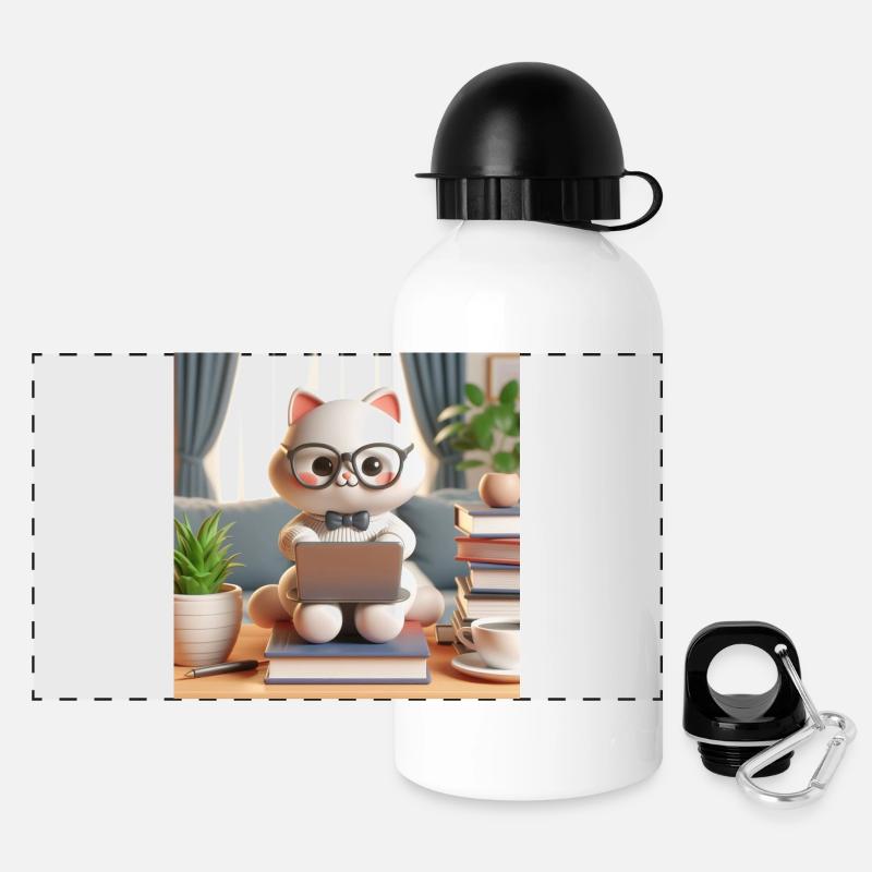 3D-Computer-Katze - Panorama Trinkflasche mit Deckel 500 ml - Weiß