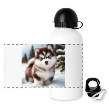 Chiot husky sibérien dans la neige - Gourde panoramique avec couvercle 500 ml - blanc - Devant