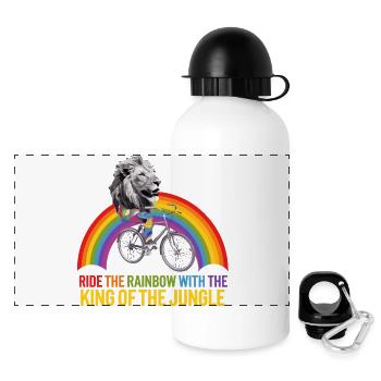 Lion chevauchant l’arc-en-ciel avec texte de la jungle - Gourde panoramique avec couvercle 500 ml - blanc - Devant