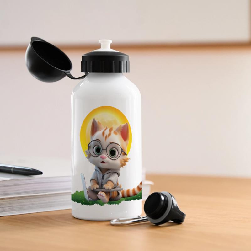 Smart Cat Sun Coder: Kätzchen Laptop Kunstdruck Panorama Trinkflasche mit Deckel 500 ml
