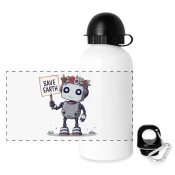 Robot mignon avec couronne de fleurs – Save Earth - Gourde panoramique avec couvercle 500 ml - blanc - Devant