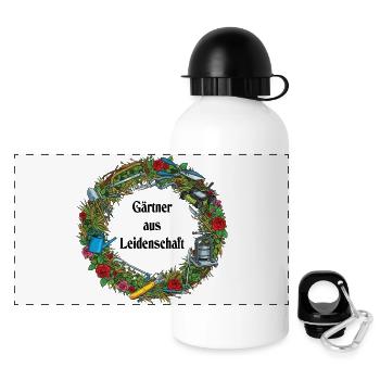 Couronne de jardin avec des outils et des roses - Gourde panoramique avec couvercle 500 ml - blanc - Devant