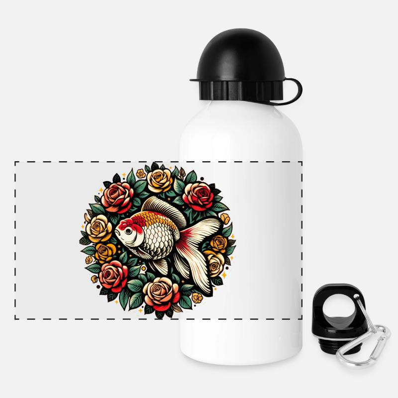 Koi and Roses Circle Design - Panoramic Thermal Bottle with Lid 500 ml - white