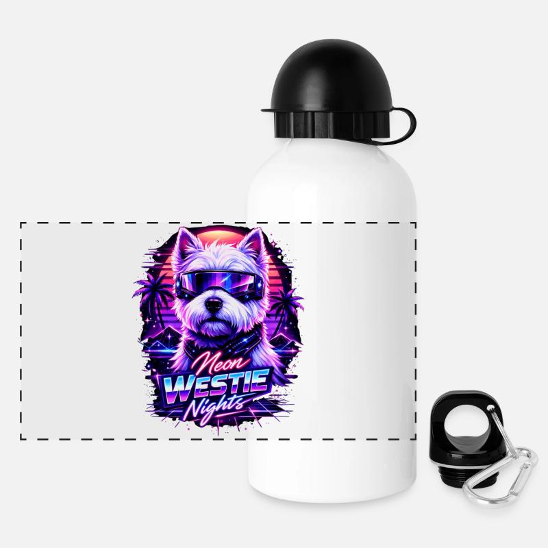 Neon Westie Nights – Cyber Hund mit Sonnenbrille - Panorama Trinkflasche mit Deckel 500 ml - Weiß