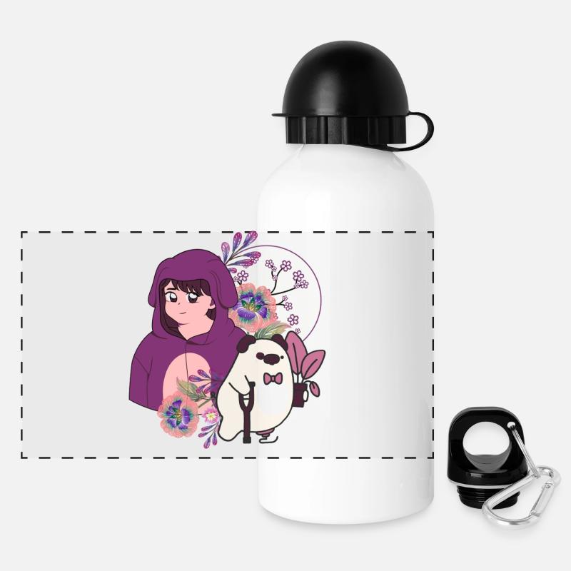 Anime-Mädchen und Schwein mit Prothesen- und Krückenkunst - Panorama Trinkflasche mit Deckel 500 ml - Weiß