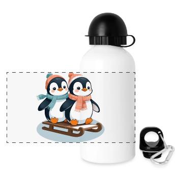 Zwei Pinguine auf Schlitten - Panorama Trinkflasche mit Deckel 500 ml - Weiß - Vorne