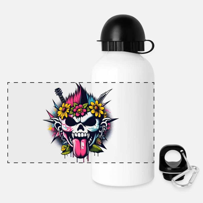 Punk Rock Skull mit Gitarren & Blumen - Panorama Trinkflasche mit Deckel 500 ml - Weiß