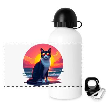 Katze am Strand - Panorama Trinkflasche mit Deckel 500 ml - Weiß - Vorne