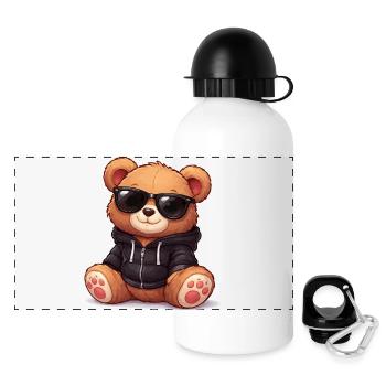 Cooler Hoodie-Teddy mit Sonnenbrille - Panorama Trinkflasche mit Deckel 500 ml - Weiß - Vorne