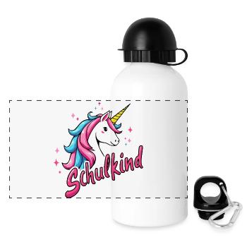 SCHULKIND Einhorn Shirt Geschenk zur Einschulung - Panorama Trinkflasche mit Deckel 500 ml - Weiß - Vorne