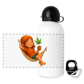 Zwergin in Hängematte mit Cannabispflanze - Panorama Trinkflasche mit Deckel 500 ml - Weiß - Vorne