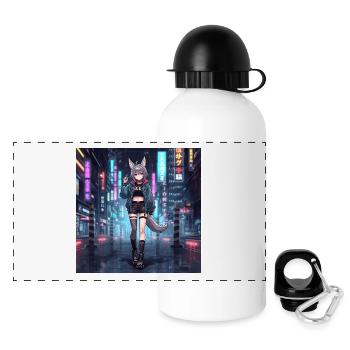 Neon City Cat Girl - Gourde panoramique avec couvercle 500 ml - blanc - Devant
