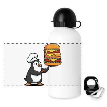 Süßer Pinguin schwitzt mit Hamburger BBQ Grillen - Panorama Trinkflasche mit Deckel 500 ml - Weiß - Vorne