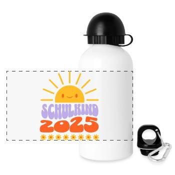 Schulkind 2025 Fröhliches Shirt zur Einschulung - Panorama Trinkflasche mit Deckel 500 ml - Weiß - Vorne