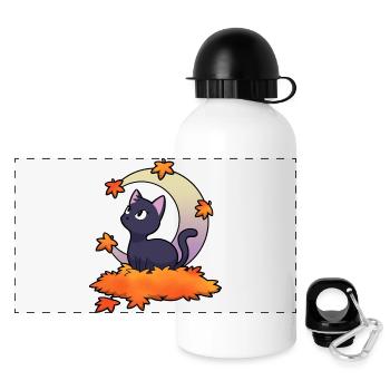 Schwarze Katze unter Herbstmond - Panorama Trinkflasche mit Deckel 500 ml - Weiß - Vorne