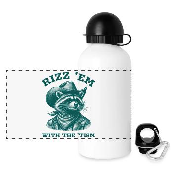 Rizz 'em mit dem 'Tism Raccoon Cowboy Western - Panorama Trinkflasche mit Deckel 500 ml - Weiß - Vorne