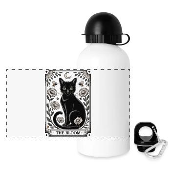 Tarot Karte - Schwarze Katze mit Blumen - Panorama Trinkflasche mit Deckel 500 ml - Weiß - Vorne