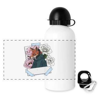 Fuchs mit Kopfhörern und Blumenthema - Panorama Trinkflasche mit Deckel 500 ml - Weiß - Vorne