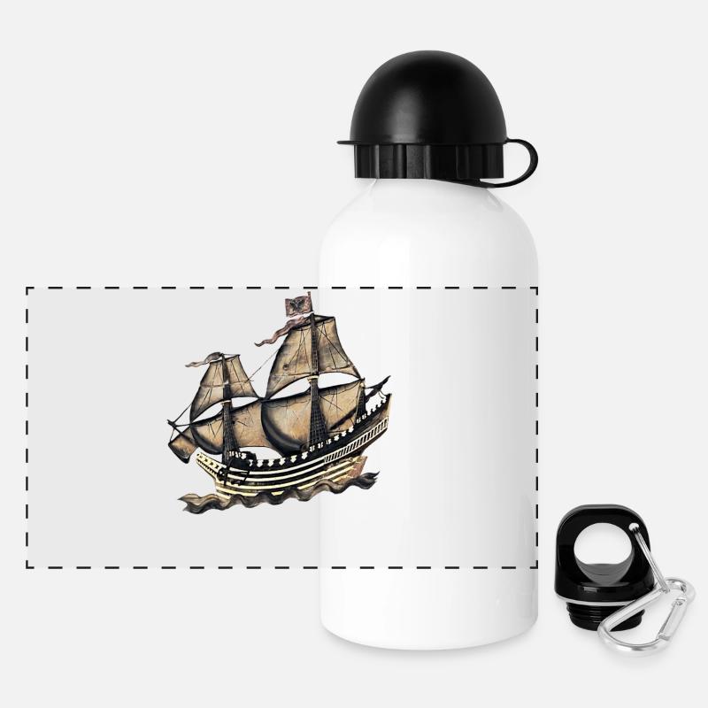 Historisches Segelschiff Relief - Panorama Trinkflasche mit Deckel 500 ml - Weiß