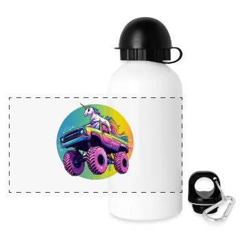 Bunter Rainbow Monster Truck mit Einhorn - Panorama Trinkflasche mit Deckel 500 ml - Weiß - Vorne