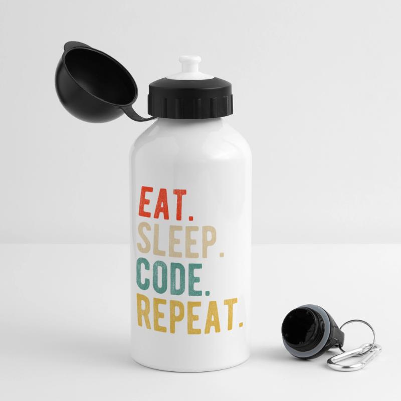 Eat Sleep Code Repeat Programmierer Nerd Retro Panorama Trinkflasche mit Deckel 500 ml