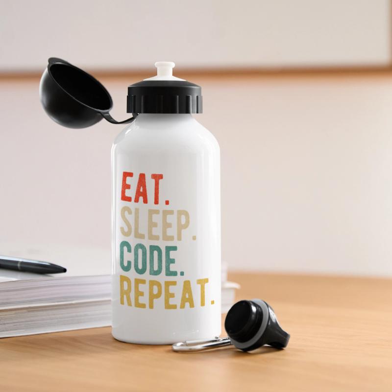 Eat Sleep Code Repeat Programmierer Nerd Retro Panorama Trinkflasche mit Deckel 500 ml