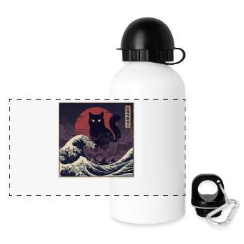 Riesige Kaiju Katze über Wellen 巨猫怪獣現る - Panorama Trinkflasche mit Deckel 500 ml - Weiß - Vorne