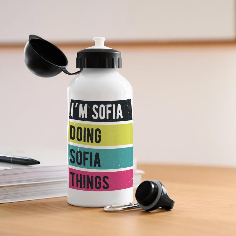 Ich bin Sofia und mache Sofia-Dinge in Retro-Farben Panorama Trinkflasche mit Deckel 500 ml