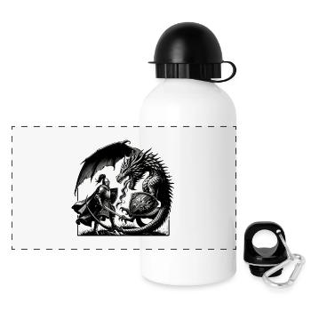 Ritter gegen Drache im Schwarzweiß-Duell - Panorama Trinkflasche mit Deckel 500 ml - Weiß - Vorne