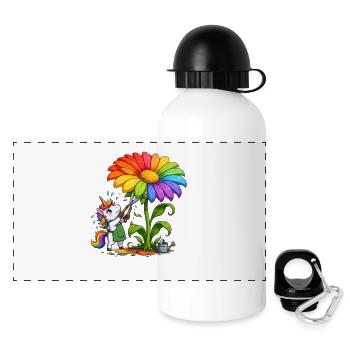Regenbogen-Sonnenblume und Einhorn-Gärtner - Panorama Trinkflasche mit Deckel 500 ml - Weiß - Vorne