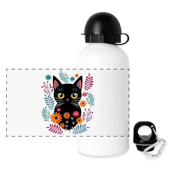 Chat et fleurs sauvages - Gourde panoramique avec couvercle 500 ml - blanc - Devant