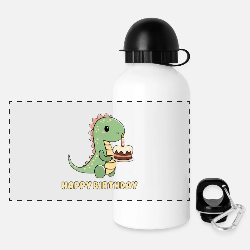 Dino mit einer Geburtstagstorte - Panorama Trinkflasche mit Deckel 500 ml - Weiß