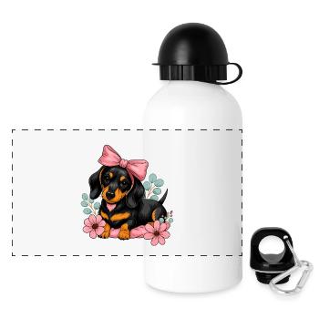 Teckel avec ruban rose et fleurs - Gourde panoramique avec couvercle 500 ml - blanc - Devant